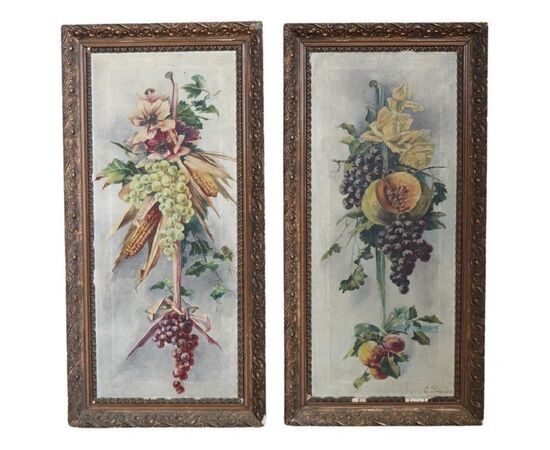 Coppia dipinti olio su tela epoca Art Nouveau, composizione con fiori e frutta PREZZO TRATTABILE