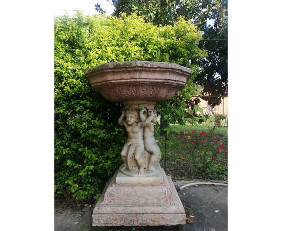 Fontana da centro con vasca ottagonale - H 140 cm - Marmo rosso Verona e marmo Greco Thassos - Fine '700
