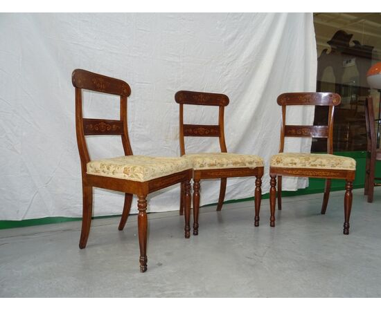 3 sedie in noce intarsiate Carlo X 1820 liguri