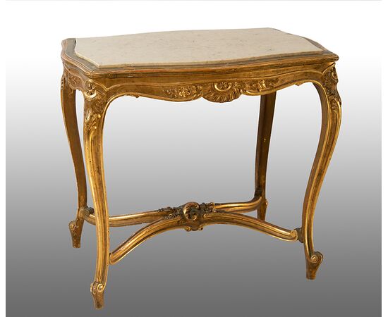 Tavolino antico Napoleone III Francese in legno dorato e intagliato.Periodo XIX secolo.