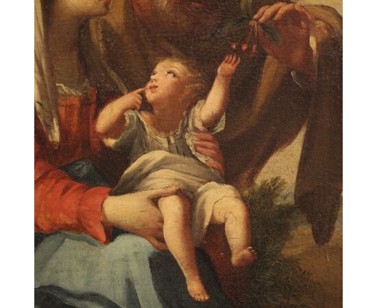 Antico dipinto italiano religioso Riposo durante la fuga in Egitto del XVII secolo