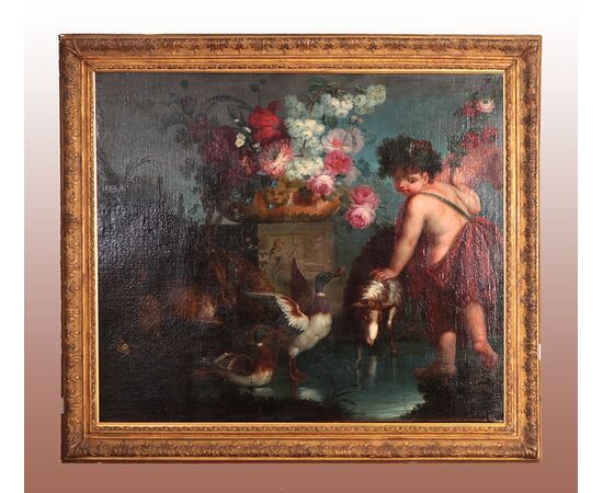 Prezioso Olio su tela italiano del 1700 attribuito ai fratelli "Raposo" che raffigura paesaggio lacustre