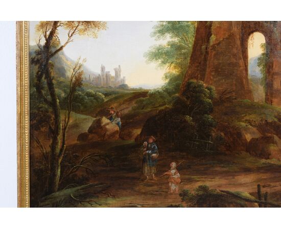 Dipinto ad olio su tela, Paesaggio con rovine e viandanti, Italia XVIII secolo