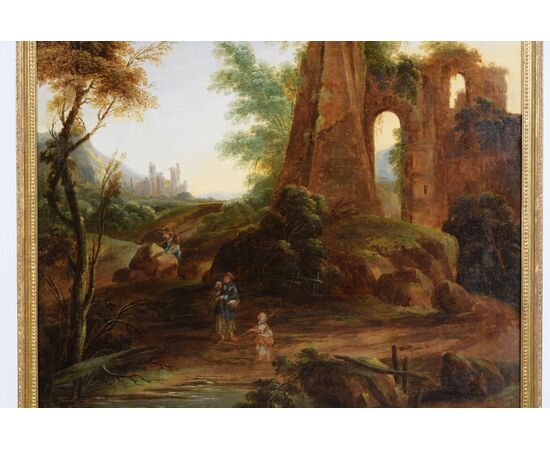 Dipinto ad olio su tela, Paesaggio con rovine e viandanti, Italia XVIII secolo