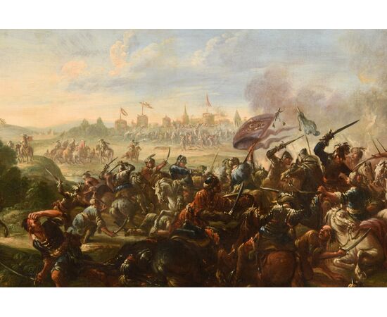 Pittore battaglista attivo in Italia nel XVII secolo, Battaglia tra cavallerie cristiana e turca, dipinto olio su tela