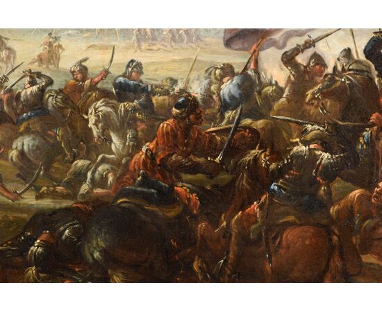 Pittore battaglista attivo in Italia nel XVII secolo, Battaglia tra cavallerie cristiana e turca, dipinto olio su tela