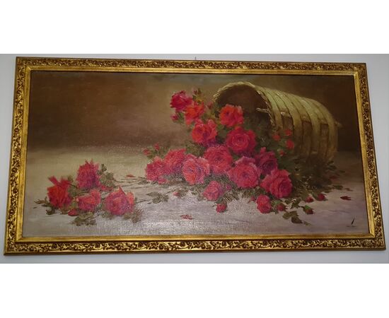 197Dipinto ad olio su tela  "Natura morta con rose rosse". 