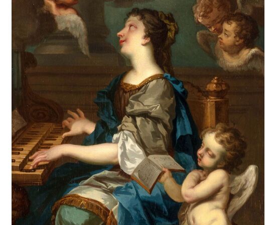 Roman School of the seventeenth century, Santa Cecilia with angels in concert, oil painting on canvas     