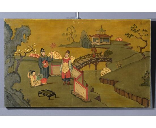 Pair of oil paintings on canvas depicting Chinoiserie landscapes, Piedmont, early 20th century NOT ACTIVE     