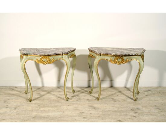 Pair of consoles in carved, lacquered and gilded wood, Venice, early 19th century, Louis XV style     