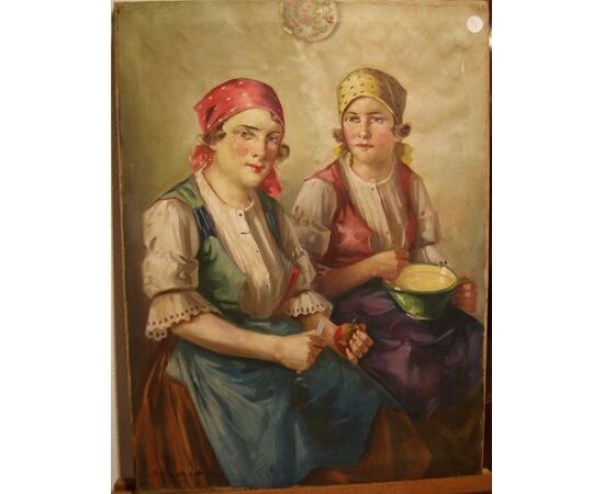 Antico quadro del 1800 olio su tela "Coppia di giovani donne"