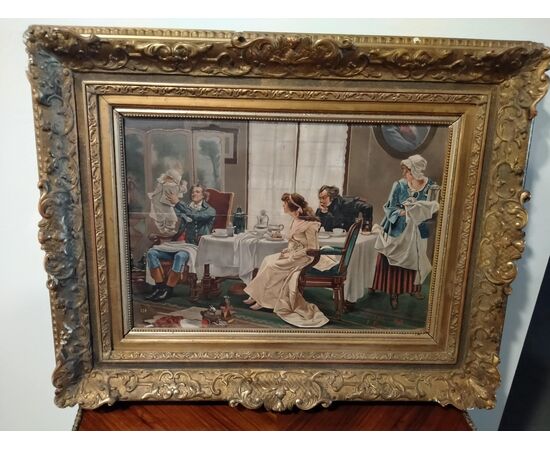 Olio su tavola di J.V.P. (François Flameng) raffigurante scena d' interni con famiglia in salotto