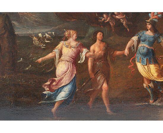 Antico Dipinto ad Olio su Tela del XVII Secolo, Scena Mitologica, Il Simposio degli dei