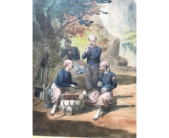 &quot;Scene of rest of Ottoman soldiers I&quot; watercolor 19th century.     