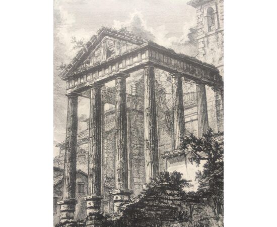 "Veduta del tempio di Ercole nella città di Cora" -  copia XIX sec. - incisione a bulino Piranesi  