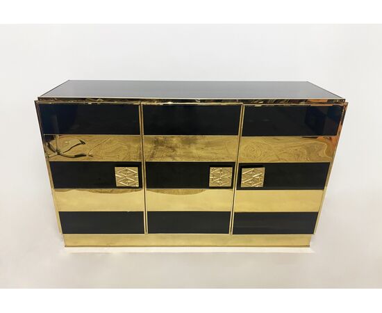Vintage sideboard, brass and colored glass - 1970s     