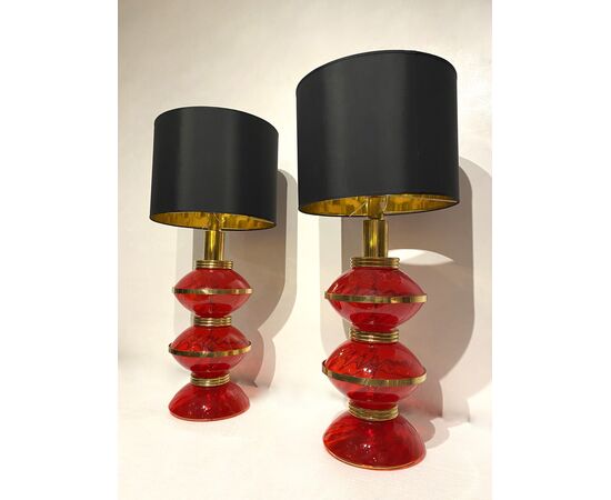 Table lamps - 1970s - red glass and brass     