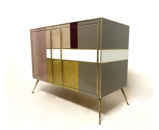 Vintage 70&#39;s sideboard - colored glass and brass     