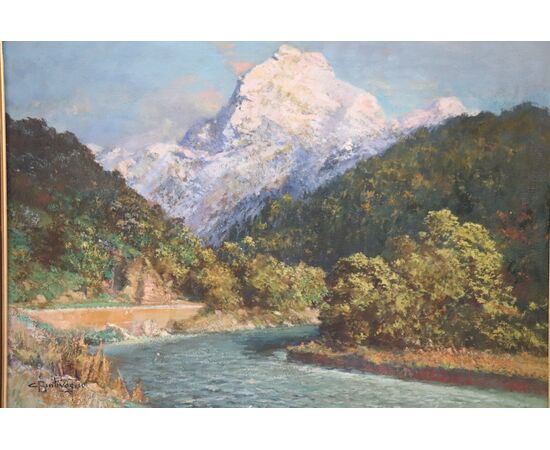 Cesare Bentivoglio, Paesaggio di montagna con fiume, olio su tela firmato PREZZO TRATTABILE
