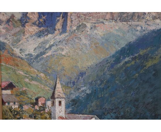 Cesare Bentivoglio, Paesaggio di montagna con chiesa, olio su tela firmato PREZZO TRATTABILE