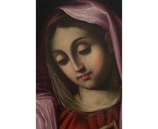 Dipinto antico olio su tela raffigurante Madonna col Bambino dormiente e San Giovannino. Bologna XVII secolo.