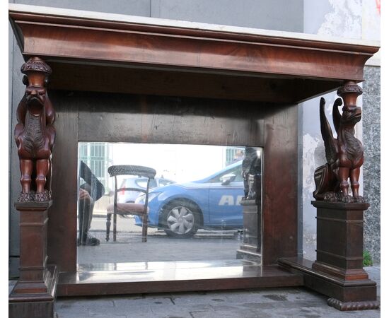 Ancient Sicilian Empire console in mahogany feather with white statuary marble top. 19th century period.     