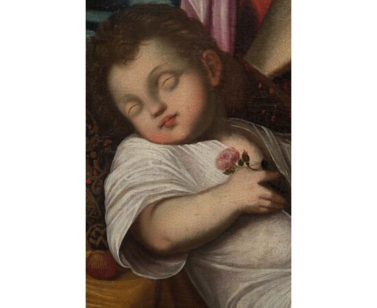 Dipinto antico olio su tela raffigurante Madonna col Bambino dormiente e San Giovannino. Bologna XVII secolo.