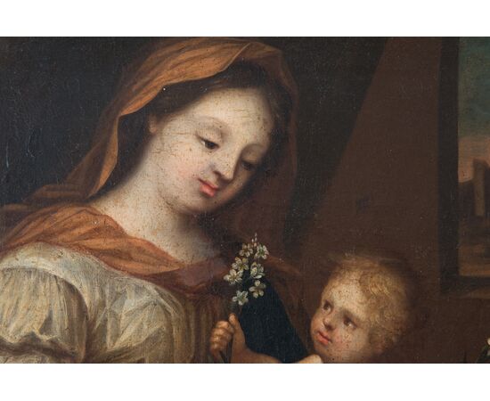 Dipinto antico olio su tela raffigurante Madonna col Bambino. Lombardia XVIII secolo.