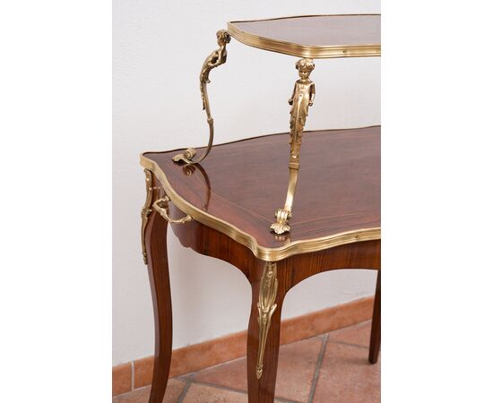 Antique French Napoleon III coffee table in polychrome woods with gilt bronze applications.19th century period.     