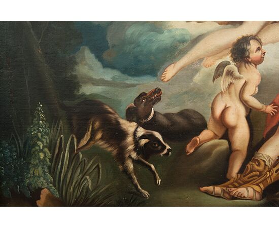 Dipinto antico olio su tela raffigurante Venere e Adone ambito"Boucher". Francia XVIII secolo.