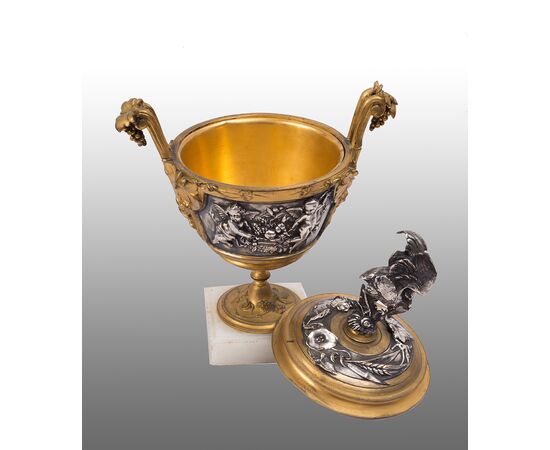 Antique cup / centerpiece in gilded bronze and silver on an alabaster base. France 19th century.     