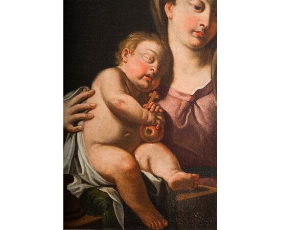 Ancient oil painting on canvas depicting Madonna with sleeping child. Naples late eighteenth century.     