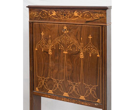 Antique Charles X French secrétaire in precious exotic wood with maple inlay inserts. Period 19th century.     