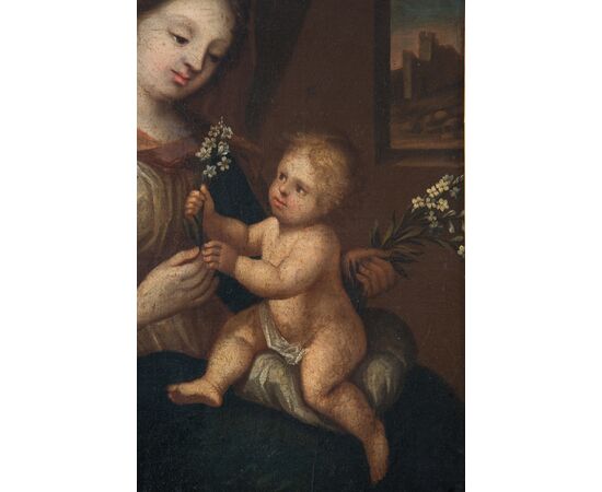 Dipinto antico olio su tela raffigurante Madonna col Bambino. Lombardia XVIII secolo.