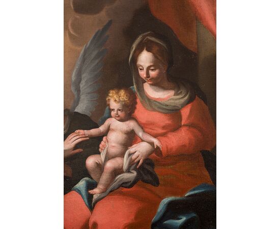 Dipinto antico olio su tela raffigurante il matrimonio mistico di Santa Caterina. Napoli XVIII secolo.