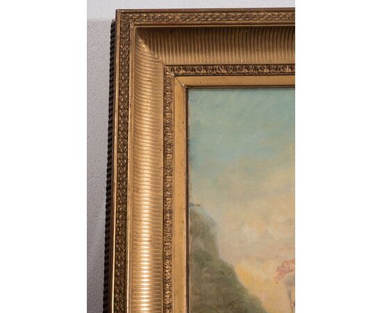 Antique oil painting on canvas depicting a gallant scene. France 19th century.     