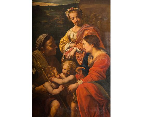 Dipinto antico olio su tela raffigurante "La Sacra Famiglia". Francia inizio XIX secolo.