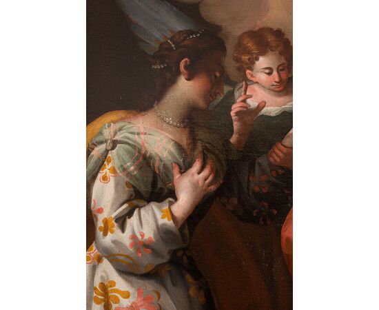 Antique oil painting on canvas depicting the mystical marriage of Saint Catherine. Naples 19th century.     