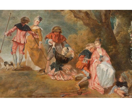 Dipinto antico olio su tela raffigurante il pellegrinaggio a Citera. Francia XIX secolo.