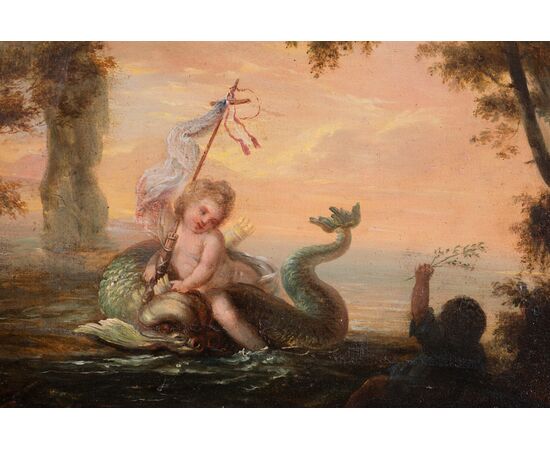Antique French oil painting on canvas depicting an allegorical scene. Signed and dated 1848.     