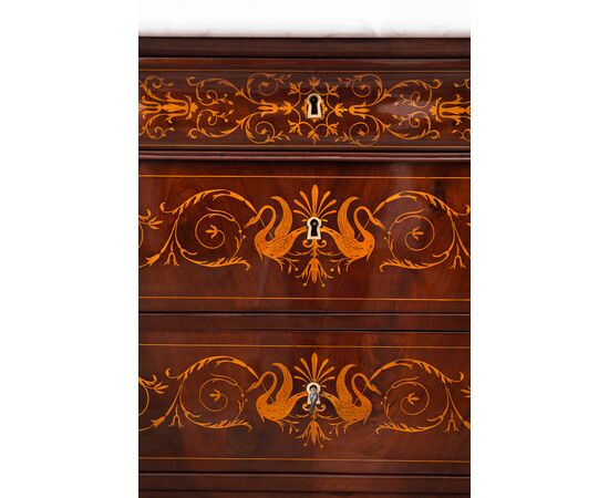 Antique Charles X French chest of drawers in mahogany feather with maple inlay inserts. Period 19th century.     