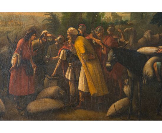 Dipinto antico olio su tela raffigurante"Il ritrovamento della coppa rubata nel sacco di Beniamino". Periodo XIX secolo.