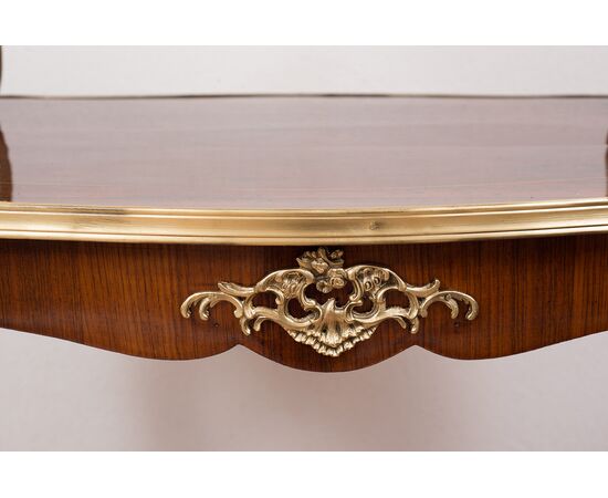 Antique French Napoleon III coffee table in polychrome woods with gilt bronze applications.19th century period.     