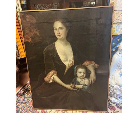 Pittore del XVIII secolo. Ritratto di donna con bambina. Olio su tele, cm 110x90