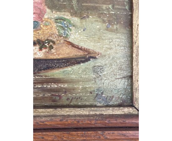 Piccolo dipinto olio su tavola con secena di personaggi in barca.Firmato.
