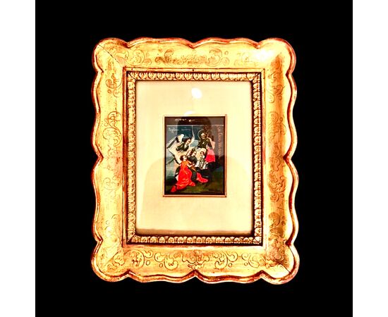 Coppia di icone dipinte olio su tavola,greco-bizantine con soggetto : annunciazione e sacra famiglia con angeli.Cornici ‘cabaret’ dell’800.