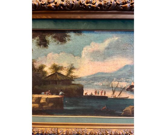 Pittore del XVIII secolo. Paesaggio fluviale con barche e figure. Olio su tela, cm 60x90.