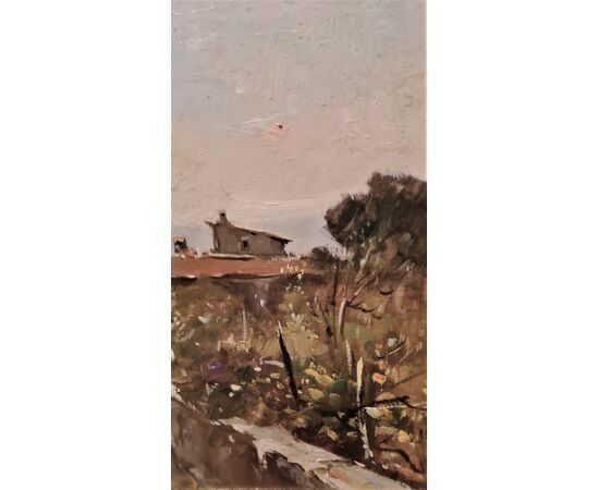 Gianfranco Curandai "Paesaggio con sentiero e casolare". Dipinto ad olio su tavoletta"