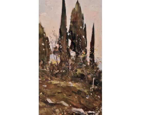 Gianfranco Curandai "Paesaggio con sentiero e casolare". Dipinto ad olio su tavoletta"