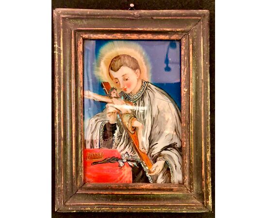 Dipinto su vetro raffigurante San Luigi Gonzaga.Italia.